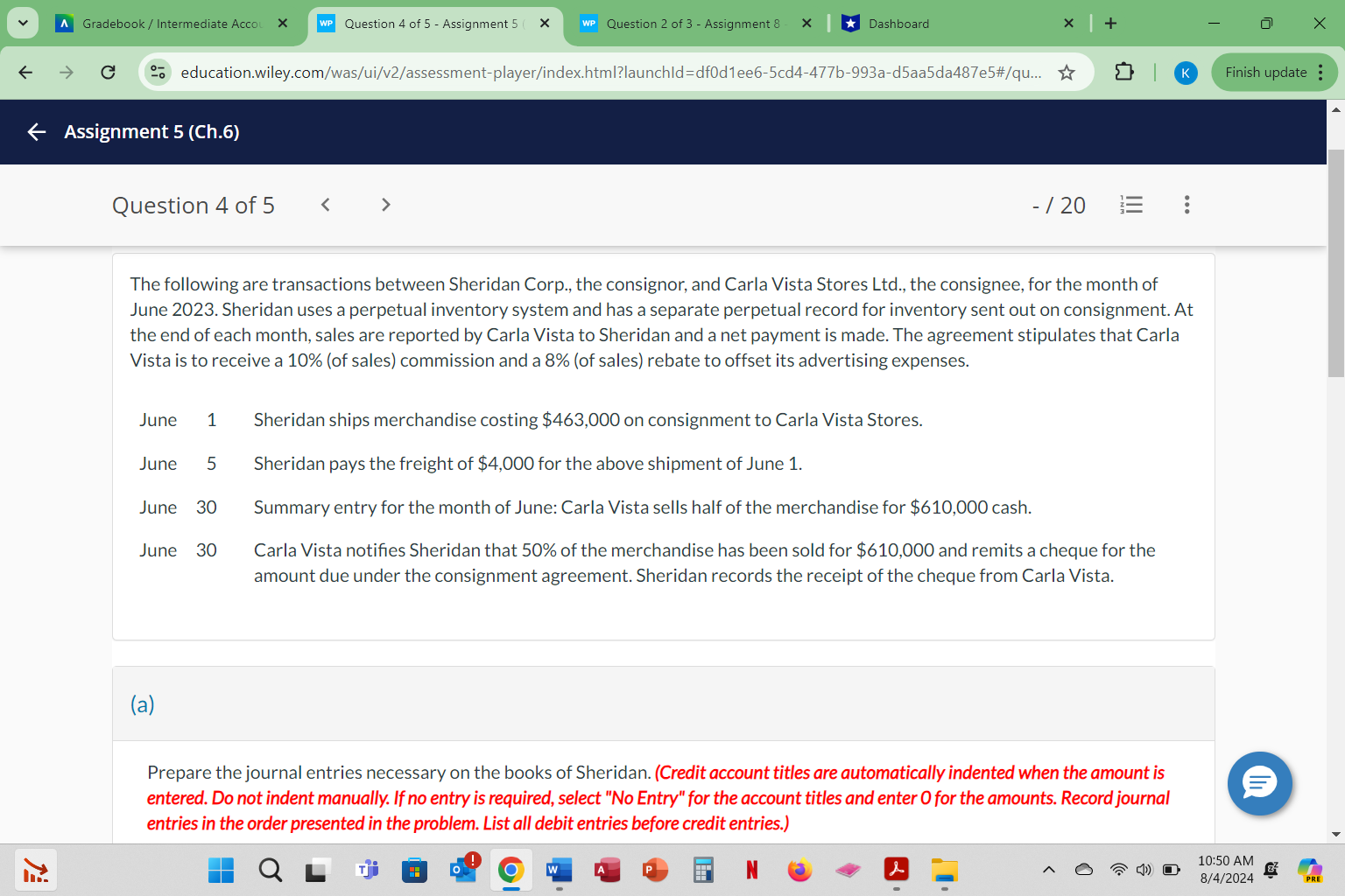 A Gradebook / Intermediate Accol X WP Question 4