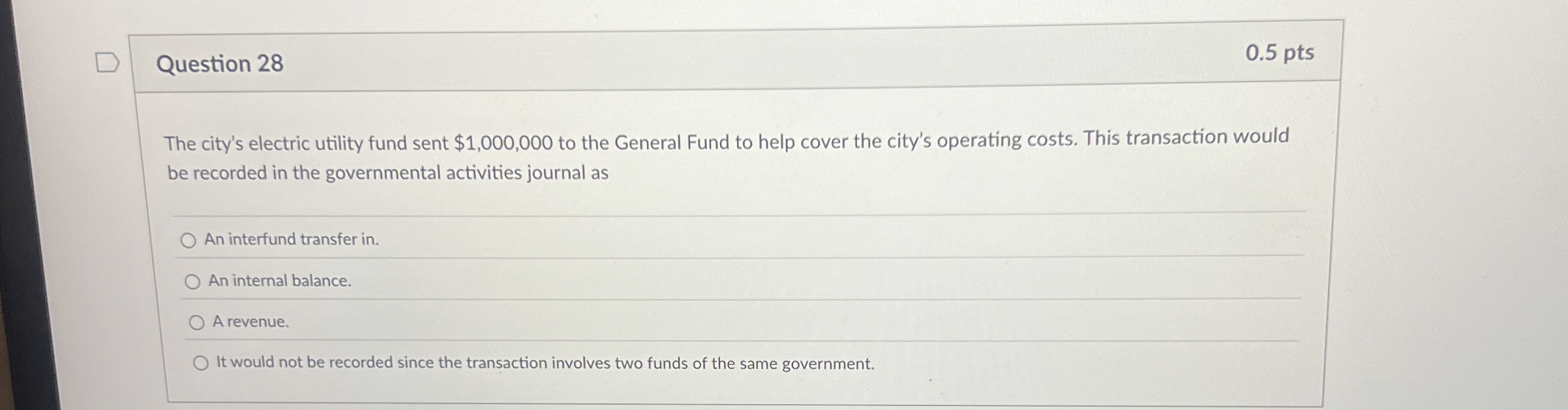 Question 2 8 0 . 5 pts The city's electric