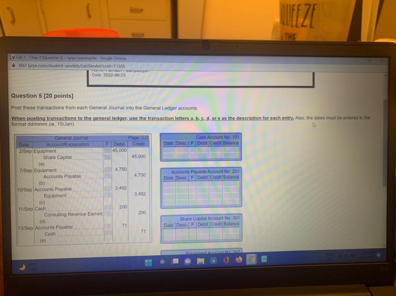 Post these transactions from each General Journal