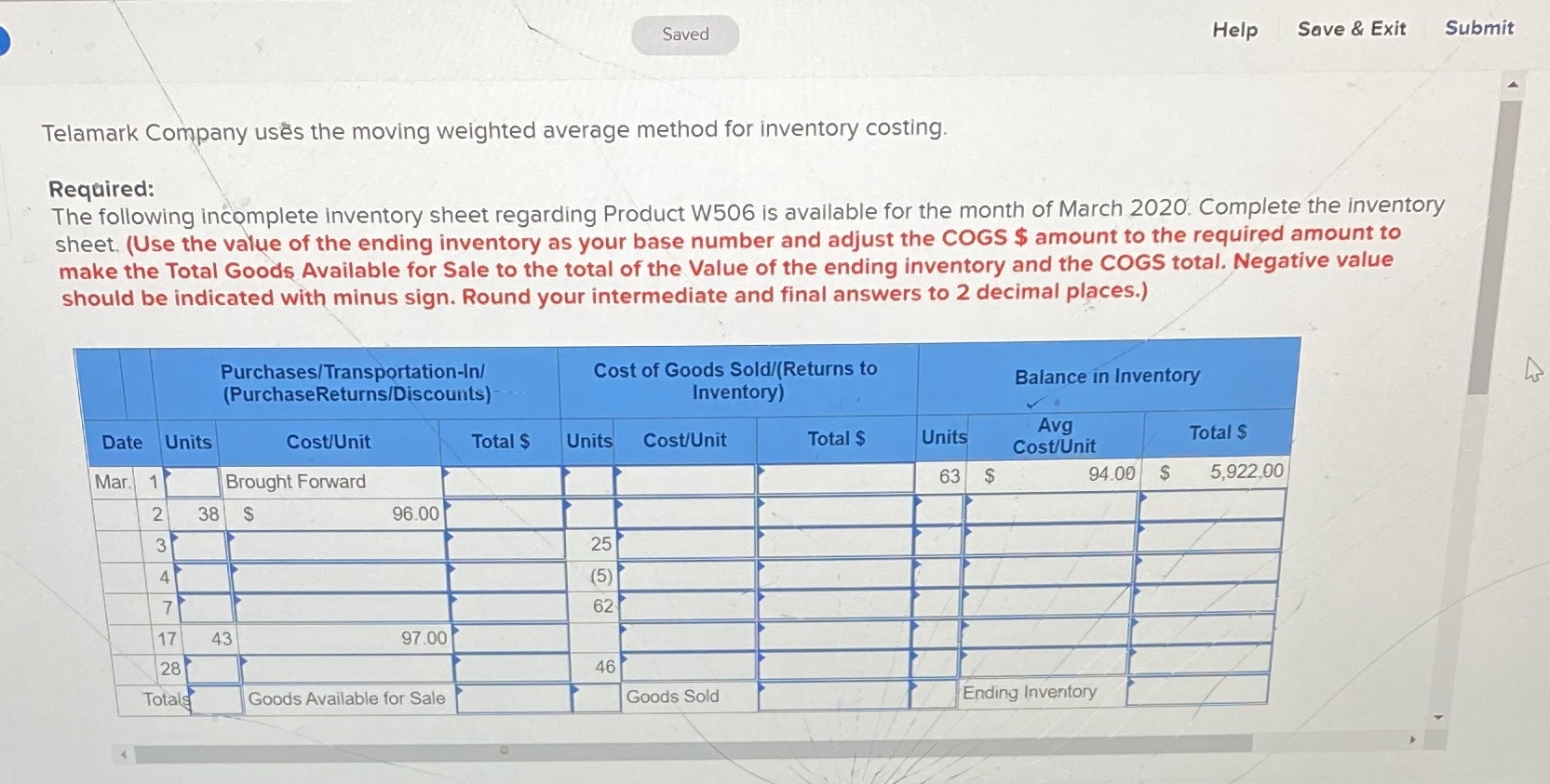 Saved Help Save & Exit Submit Telamark Company
