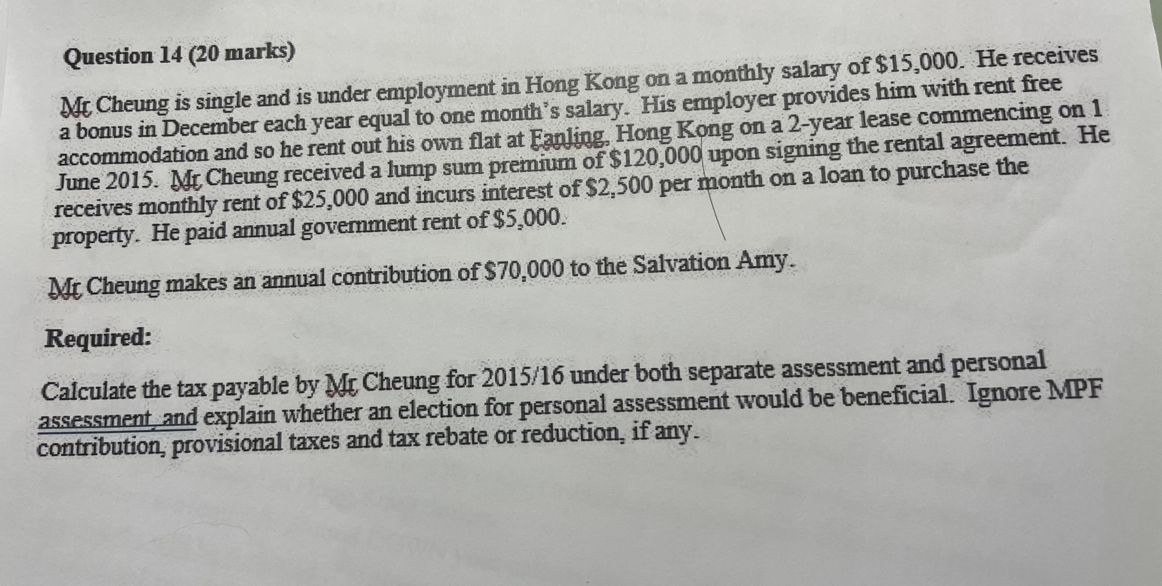 Question 1 4 ( 2 0 marks ) Mr Cheung is single