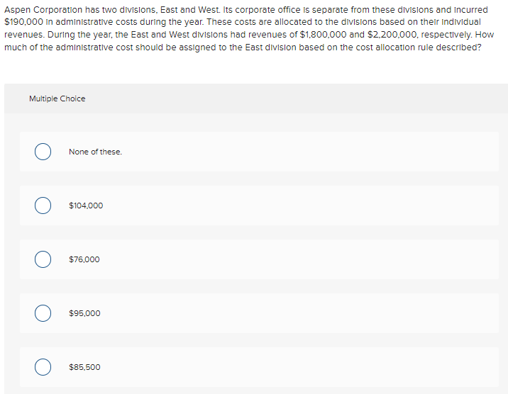 Aspen Corporation has two divisions, East and