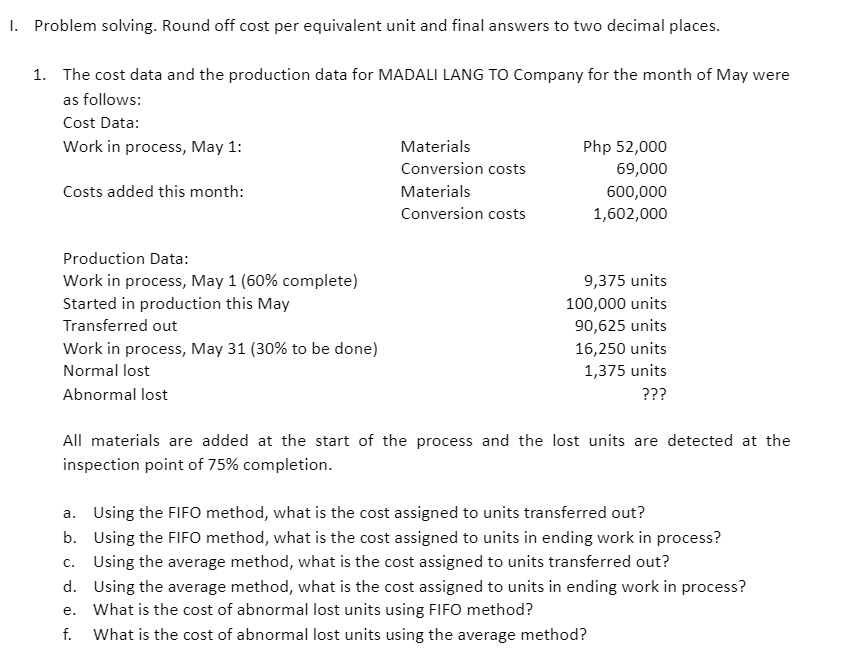 |. Problem solving. Round off cost per equivalent