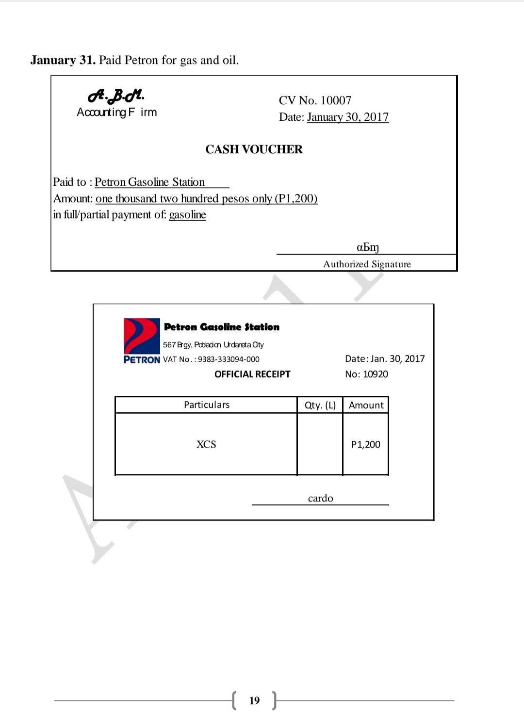 January 31. Paid Petron for gas and oil. A. B.M.