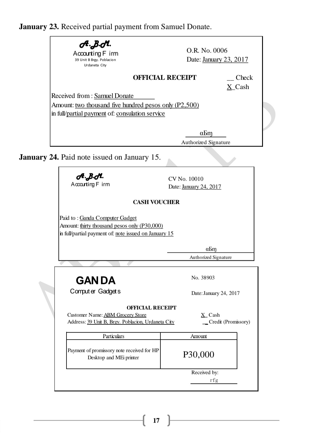 January 31. Paid Petron for gas and oil. A. B.M.