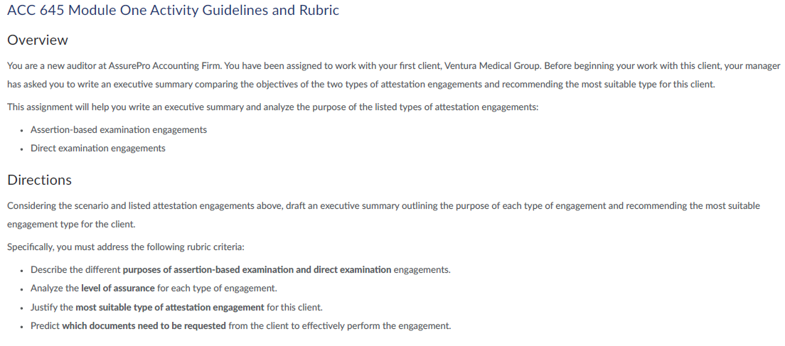 ACC 645 Module One Activity Guidelines and Rubric