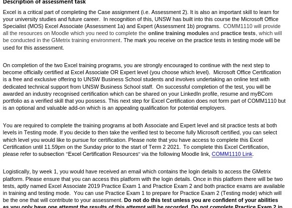 Description of assessment task Excel is a