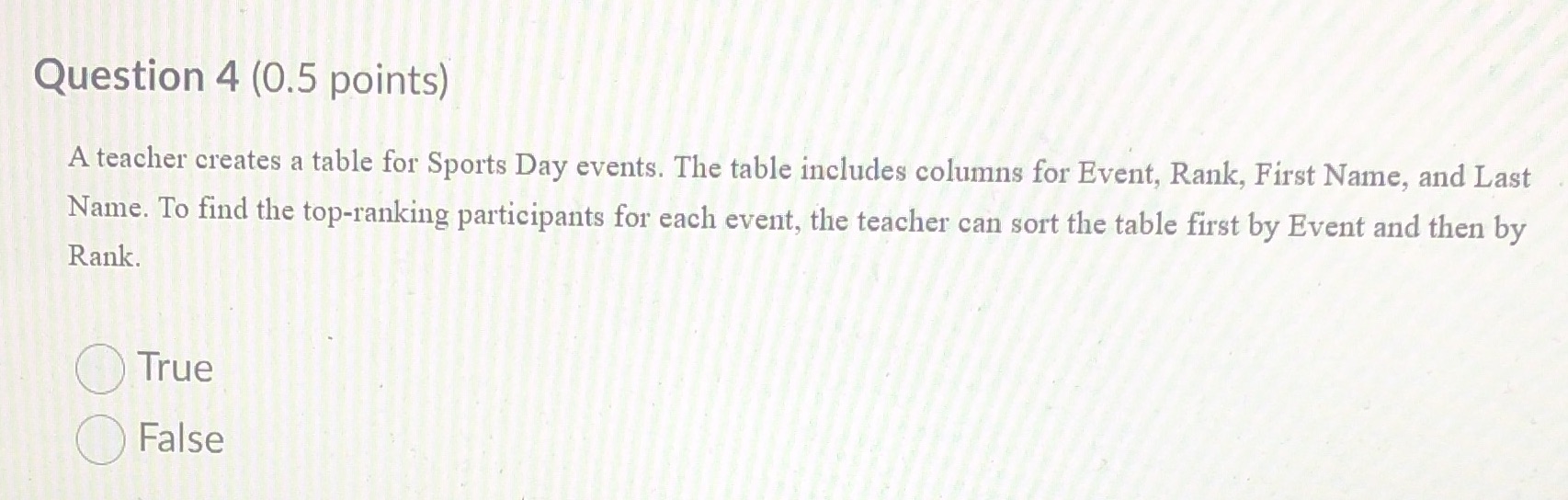 Question 4 (0.5 points) A teacher creates a table
