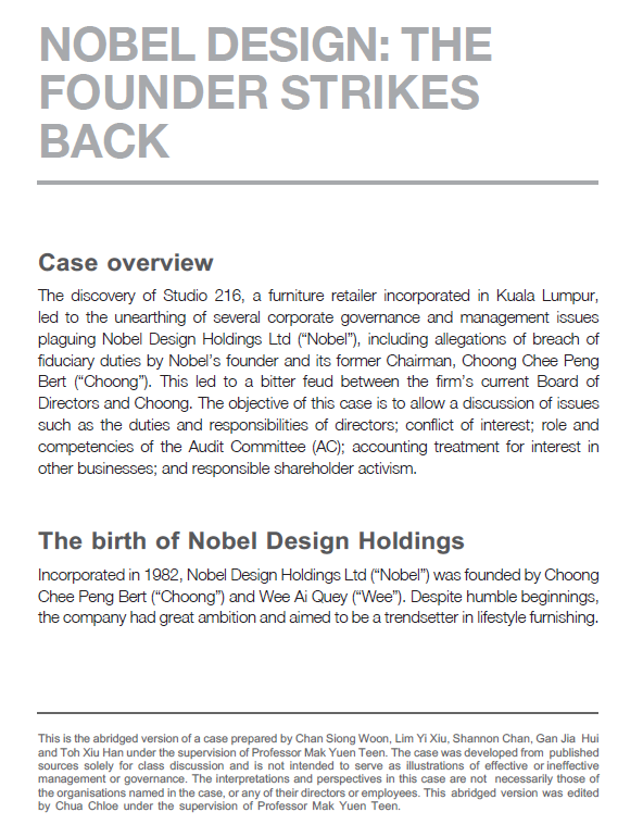 NOBEL DESIGN: THE FOUNDER STRIKES BACK Case