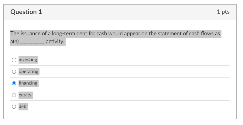 Question 1 The issuance of a long - term debt for