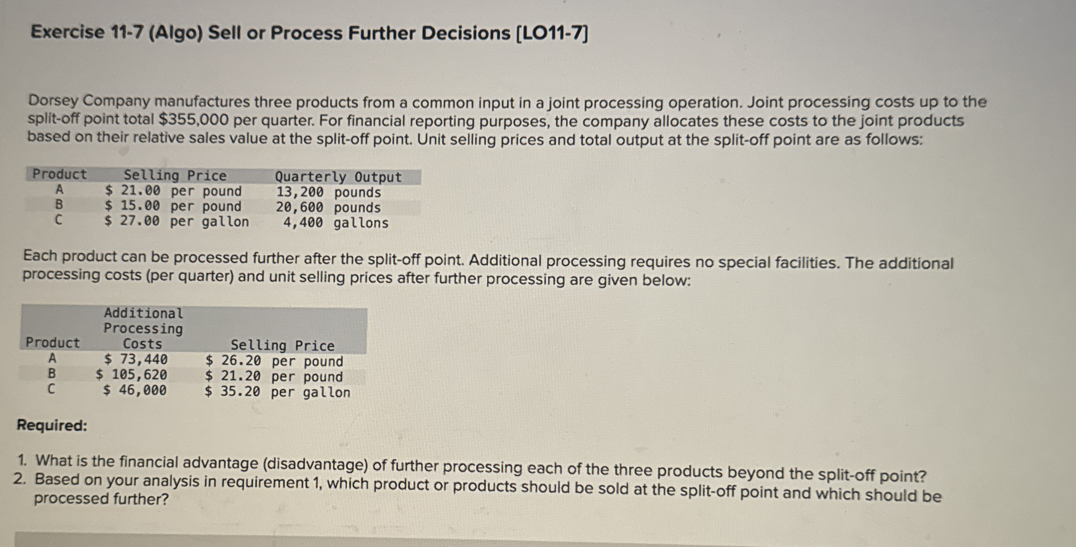 Exercise 1 1 - 7 ( Algo ) Sell or Process Further