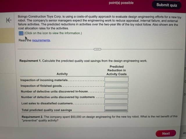 point(s) possible Submit quiz Boingo Construction