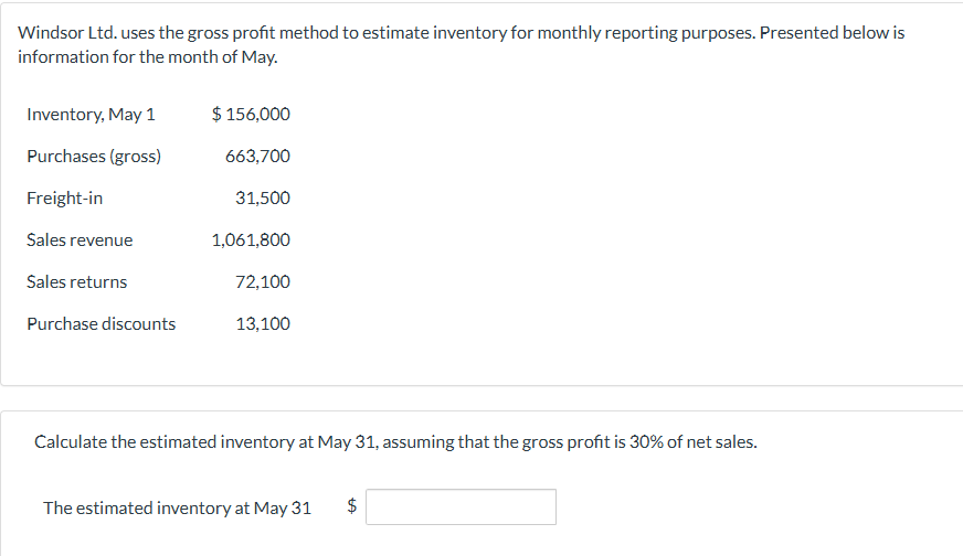 Windsor Ltd . uses the gross profit method to