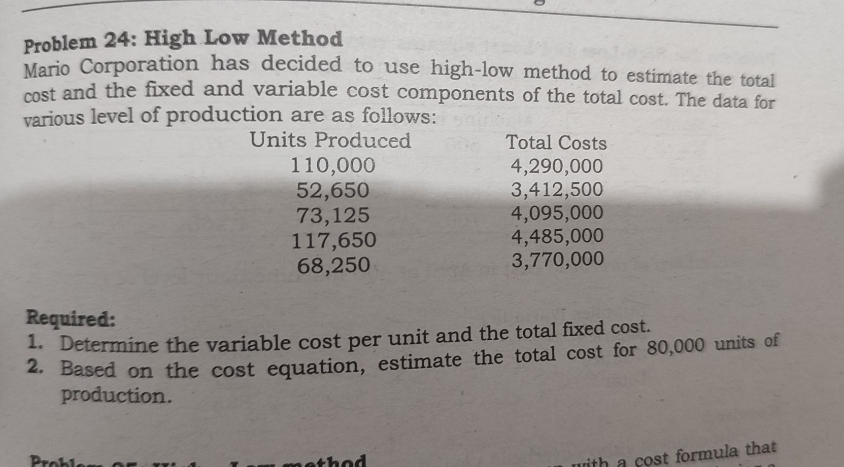 Problem 24: High Low Method Mario Corporation has
