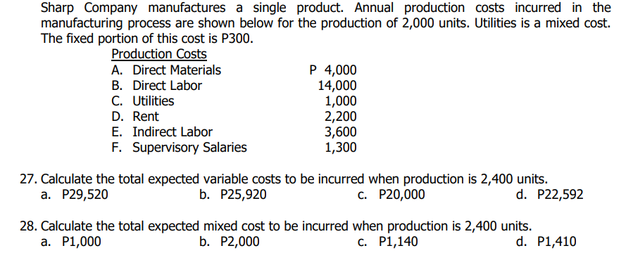 Sharp Company manufactures a single product.