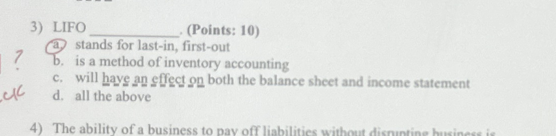 LIFO ( Points: 1 0 ) a . stands for last - in ,