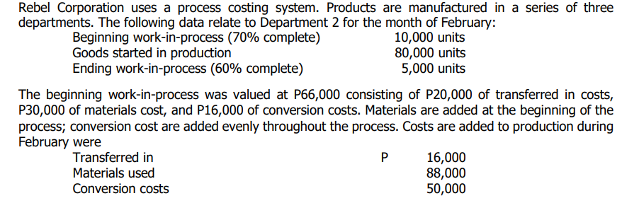 Rebel Corporation uses a process costing system.