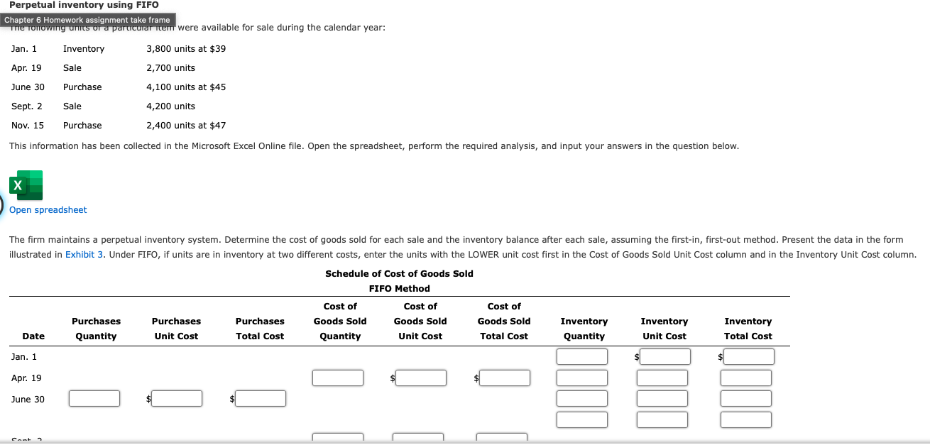 Perpetual inventory using FIFO Chapter 6 Homework