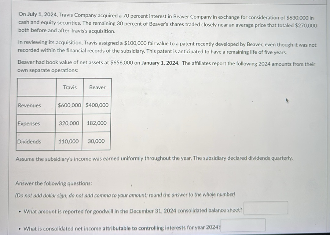 On July 1 , 2 0 2 4 , Travis Company acquired a 7