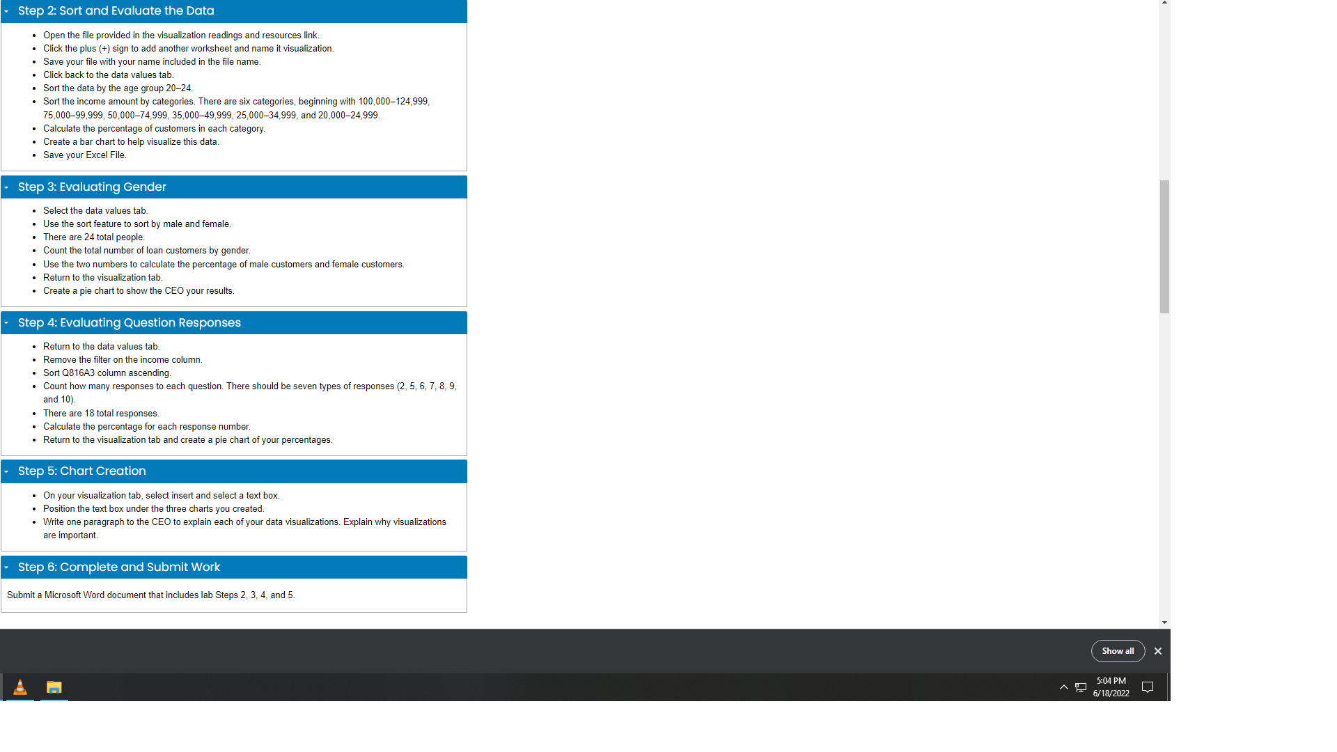 Solve using excel Step 2: Sort and Evaluate the