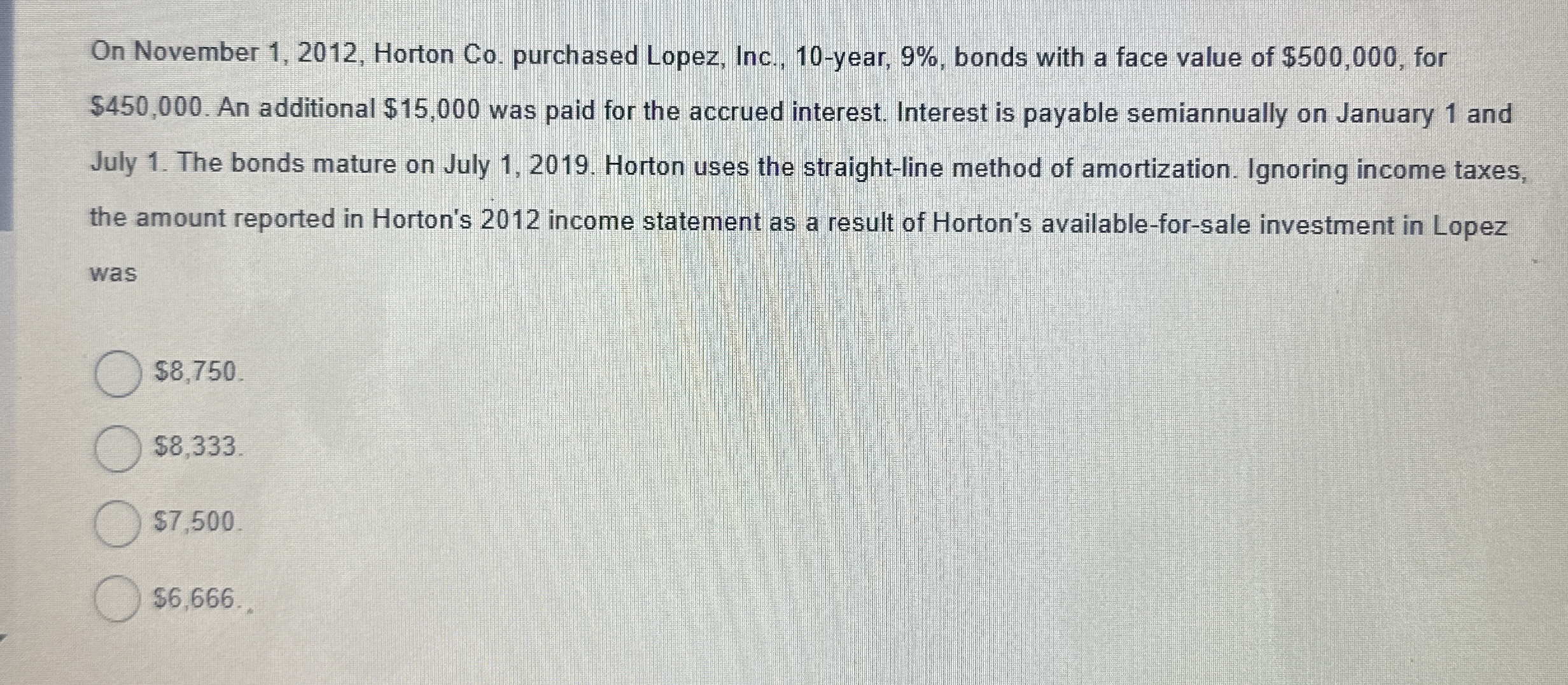 On November 1 , 2 0 1 2 , Horton Co . purchased