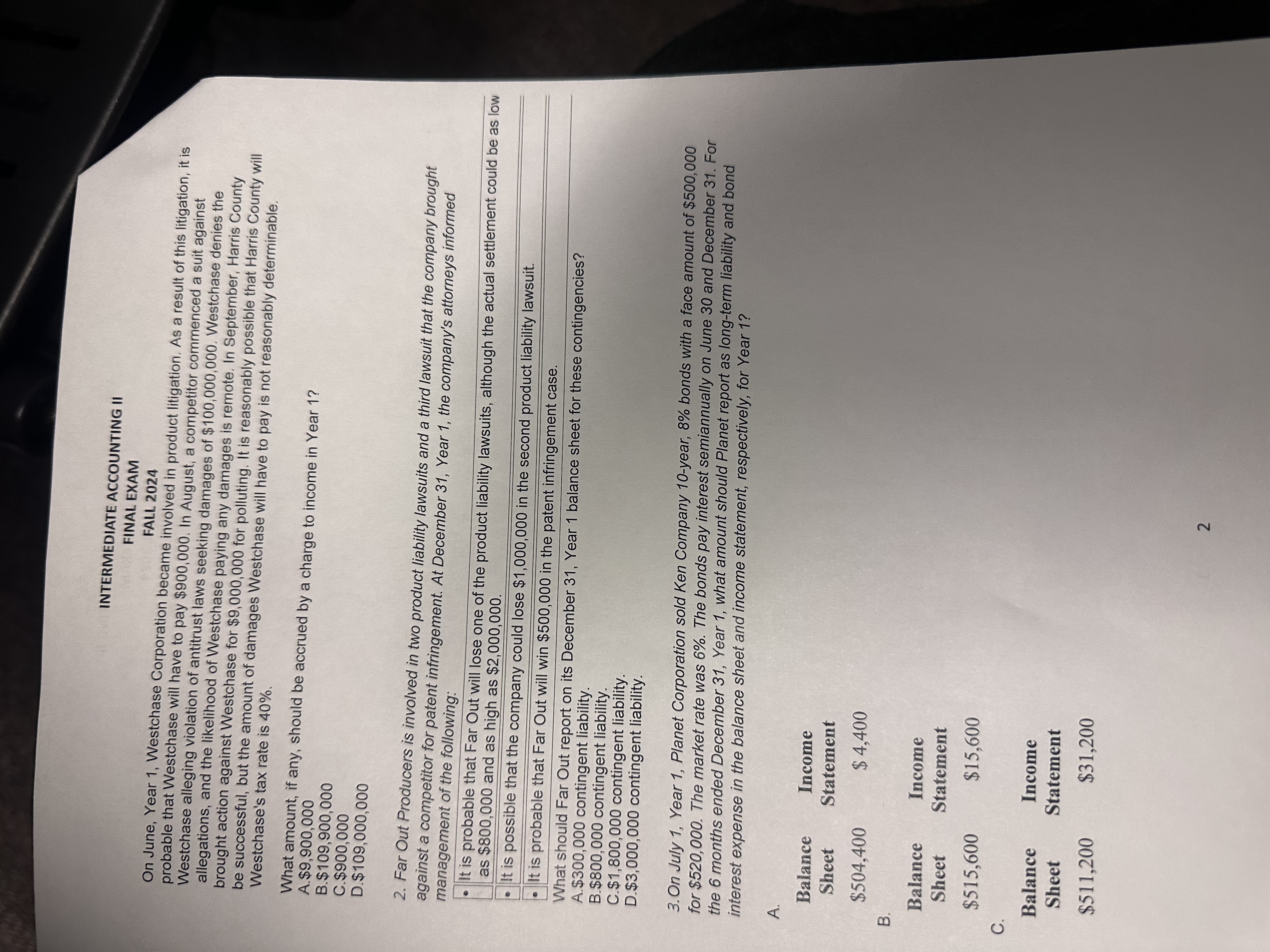 INTERMEDIATE ACCOUNTING II FINAL EXAM FALL 2 0 2