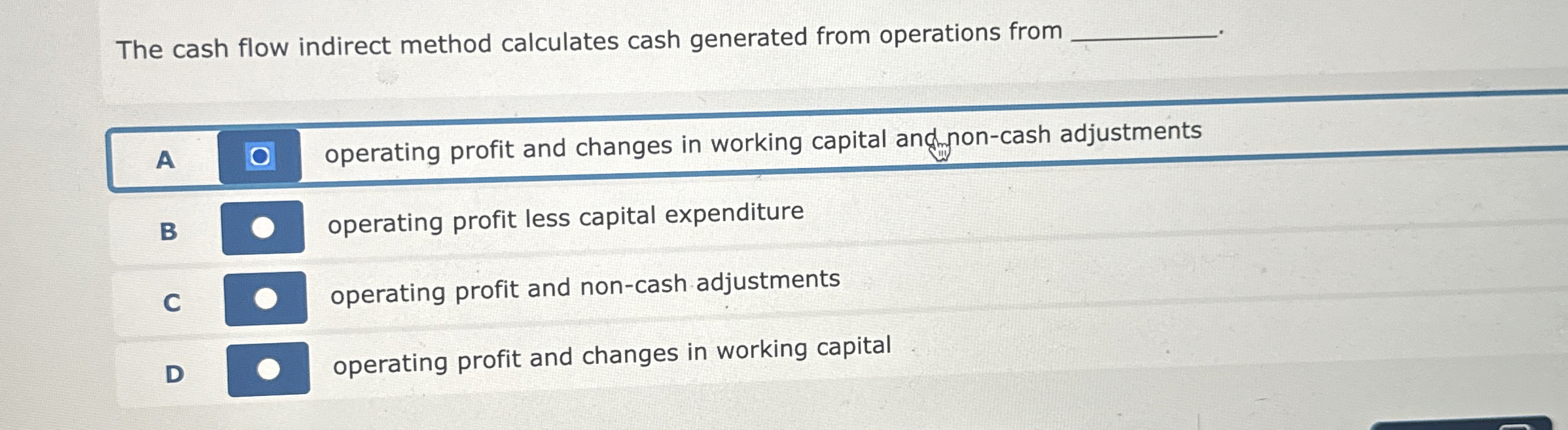 The cash flow indirect method calculates cash