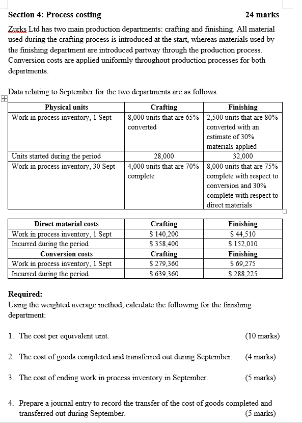 Section 4: Process costing 24 marks Zurks Ltd has