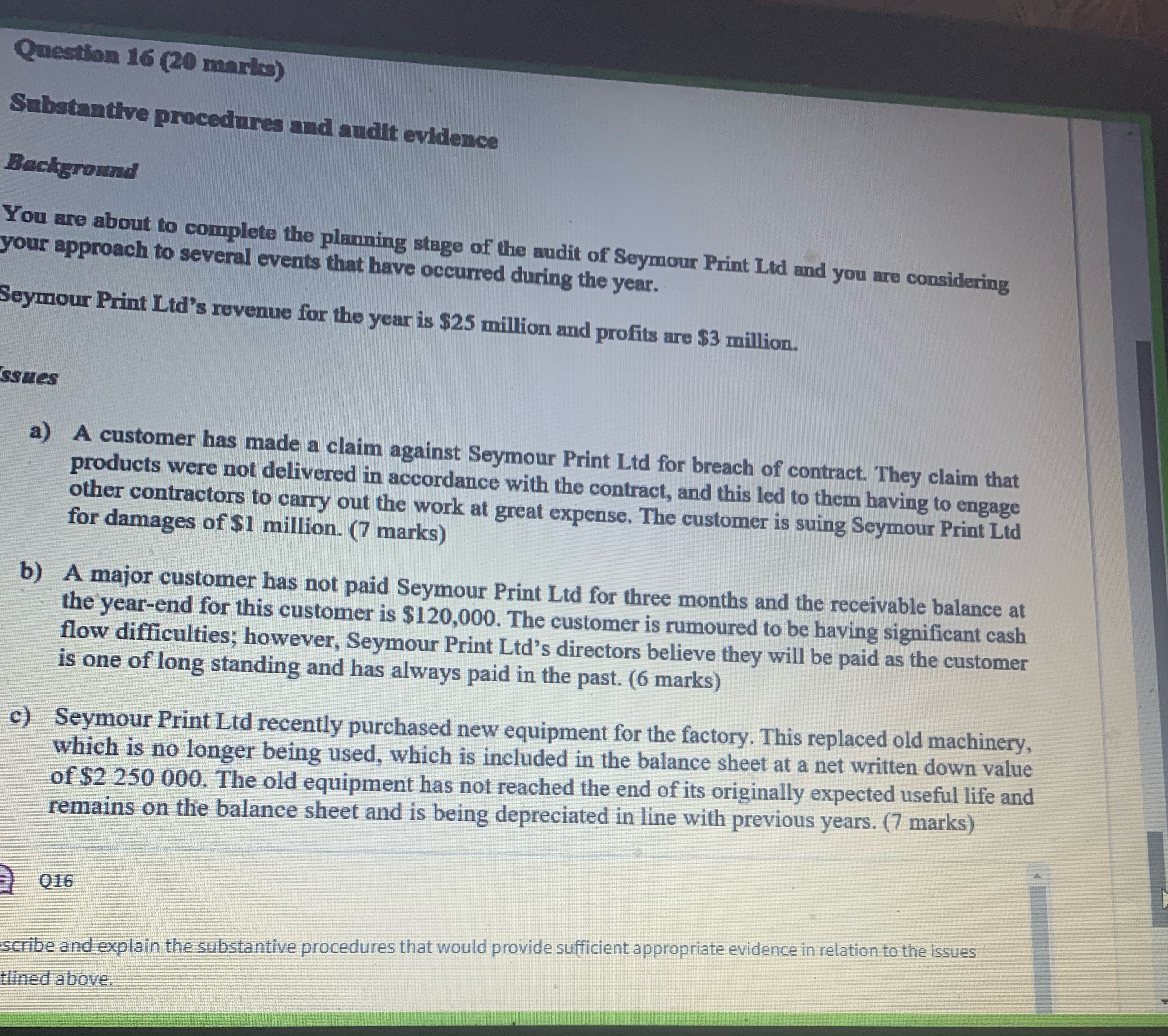 Question 16 (20 marks) Substantive procedures and