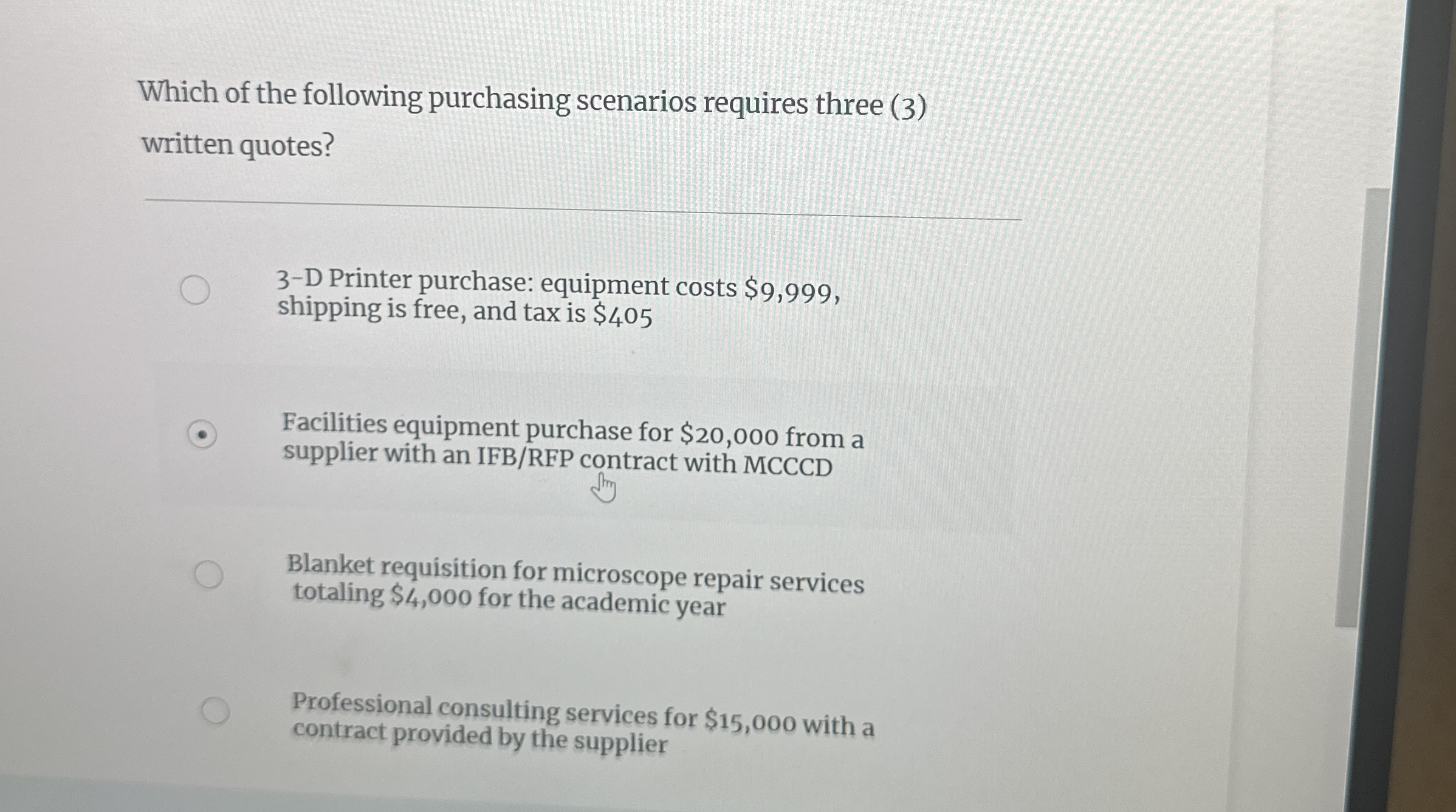 Which of the following purchasing scenarios