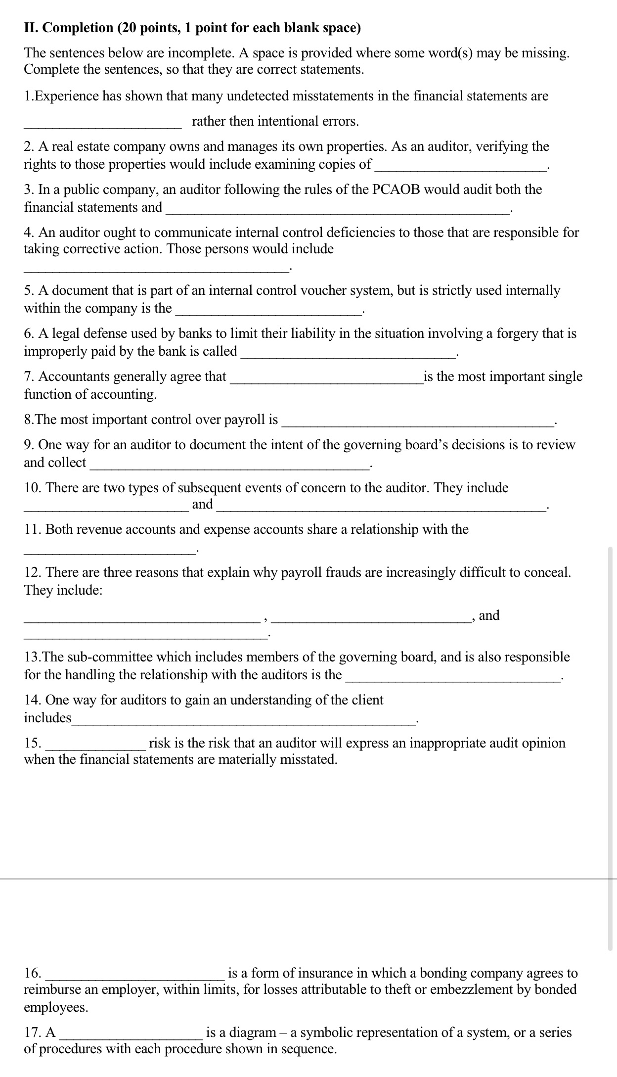 Please help II. Completion (20 points, 1 point