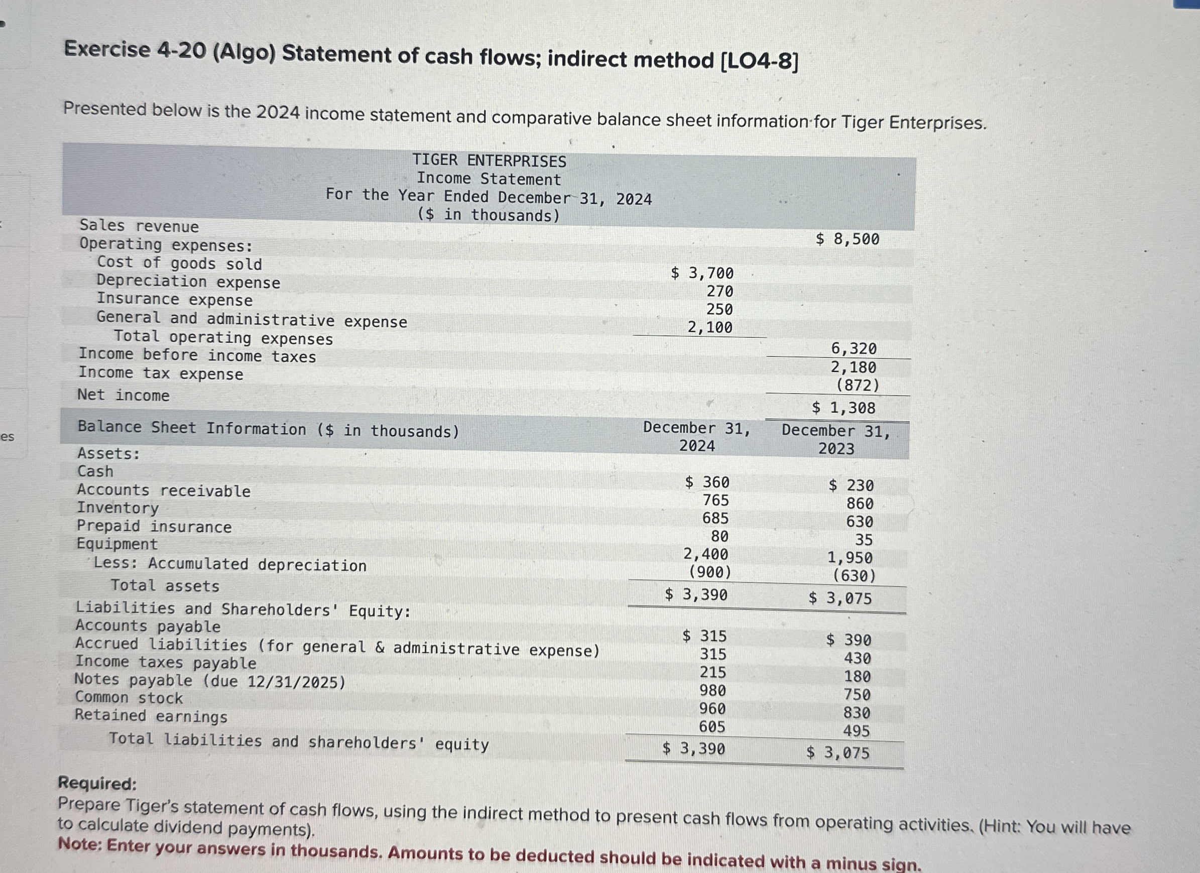 Exercise 4 - 2 0 ( Algo ) Statement of cash