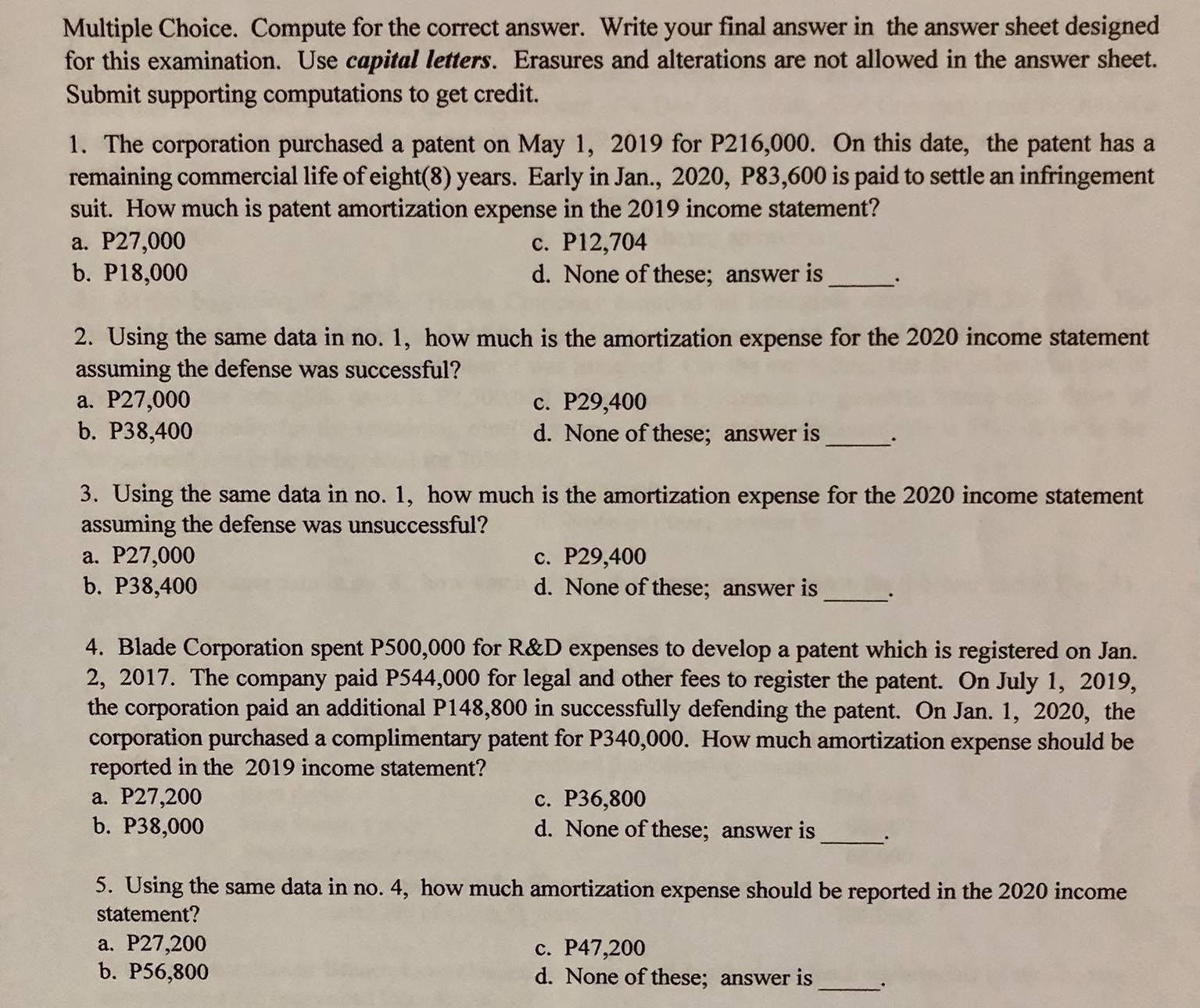 Multiple Choice. Compute for the correct answer.