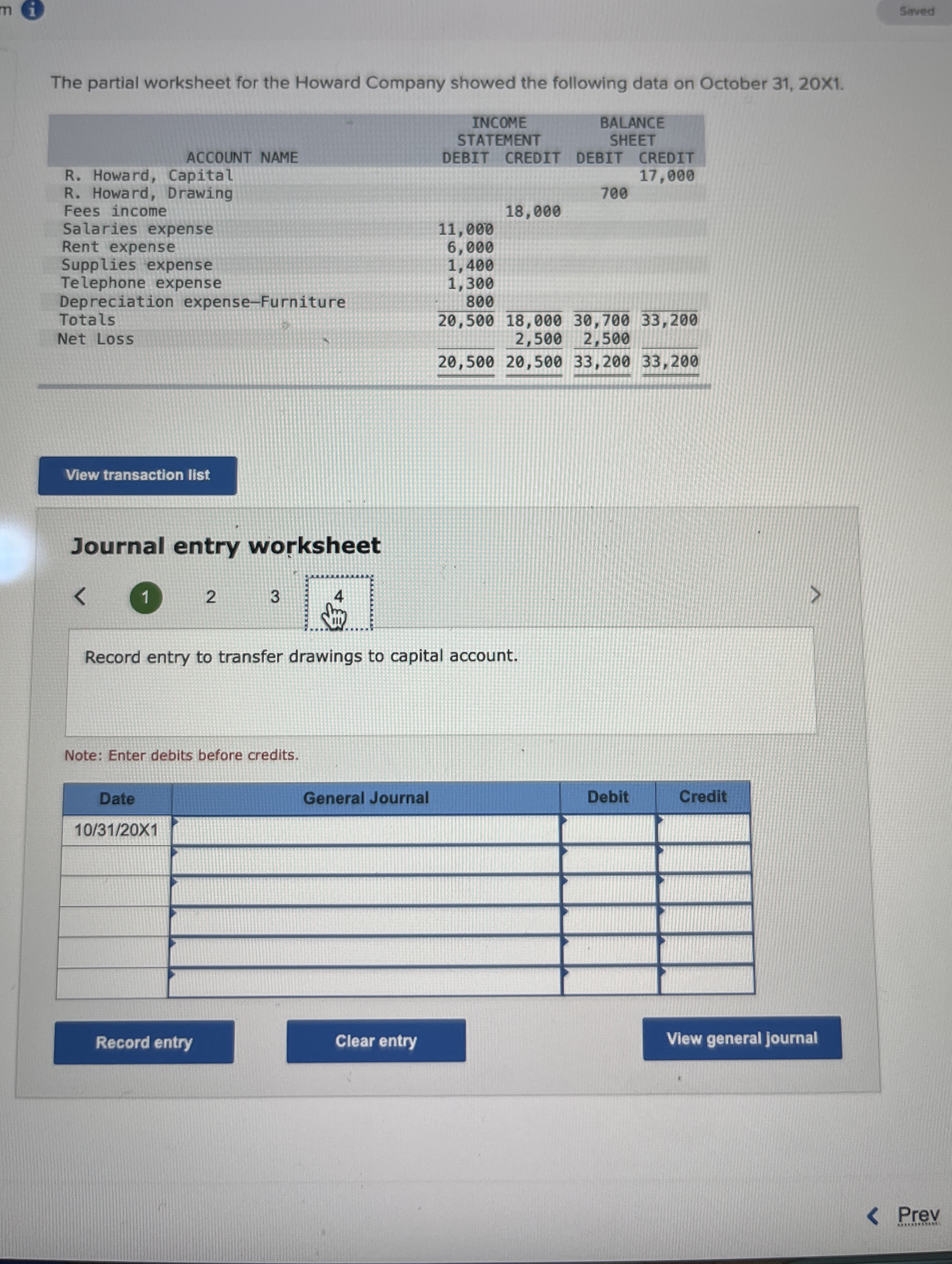 The partial worksheet for the Howard Company