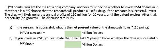 5. (20 points) You are the CFO of a drug company,