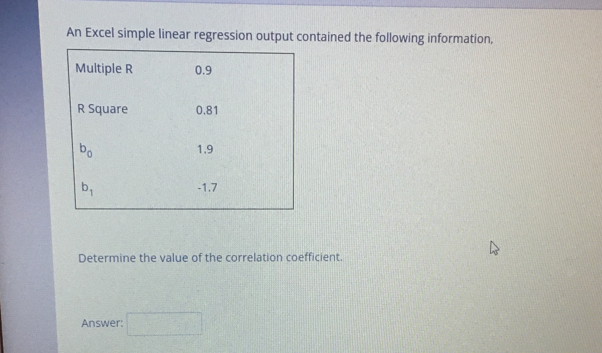 An Excel simple linear regression output