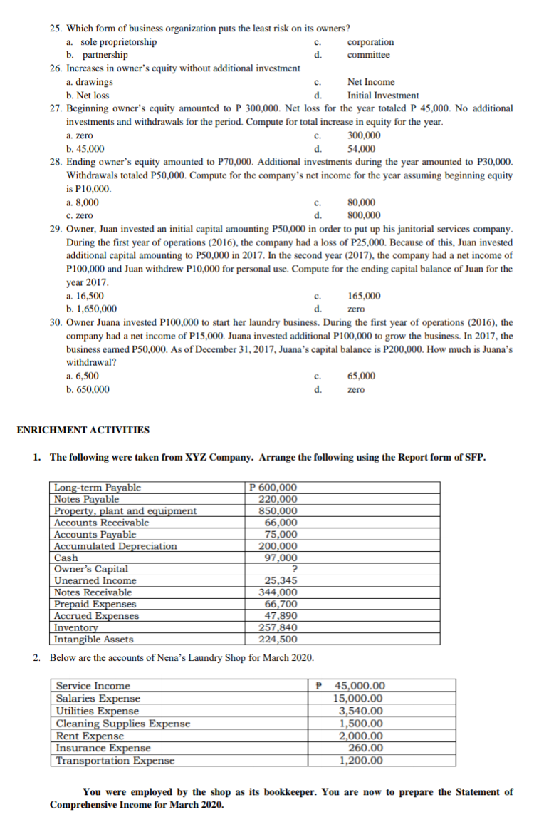 Multiple choice & enrichment activities: 1. It