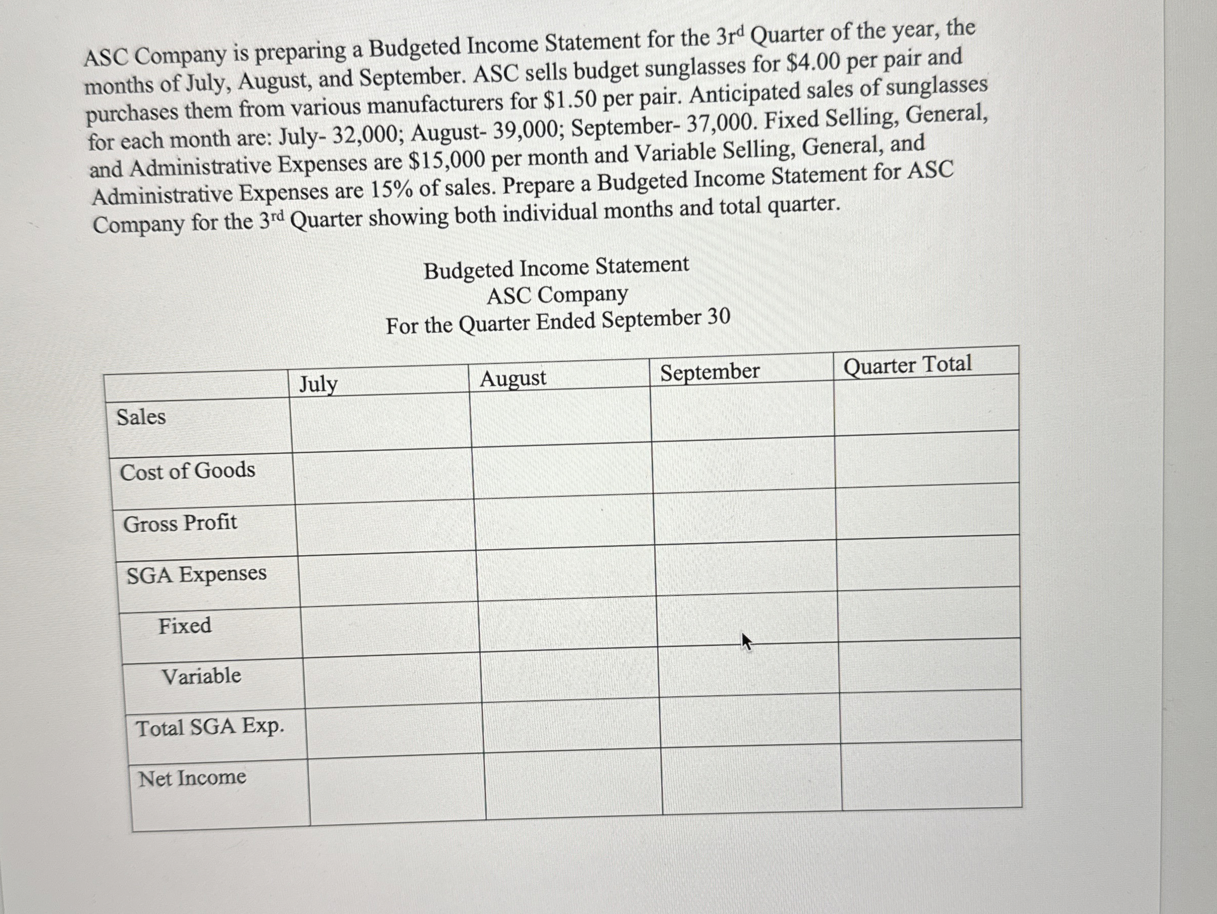 ASC Company is preparing a Budgeted Income