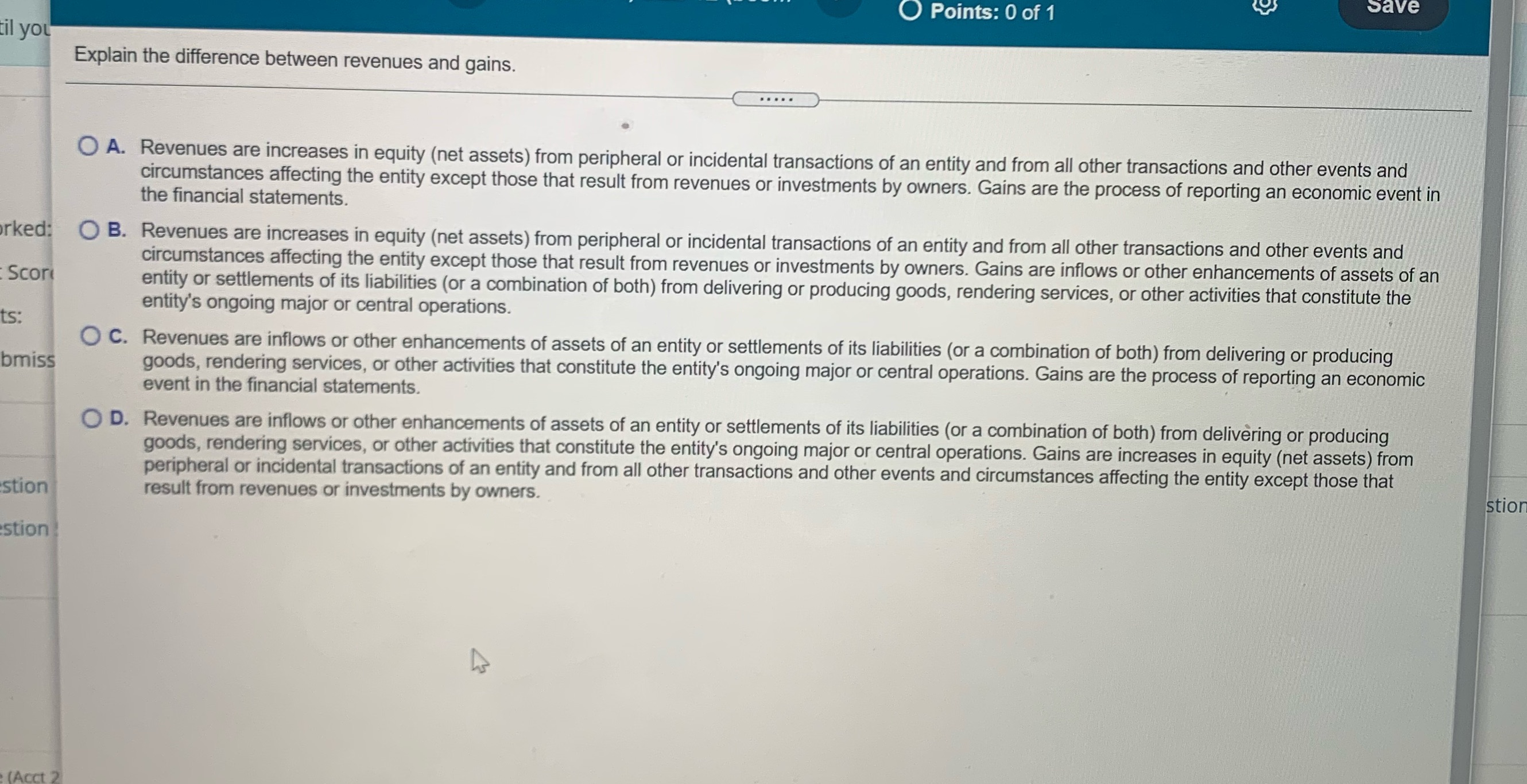 Financial reporting theory O Points: 0 of 1 Save