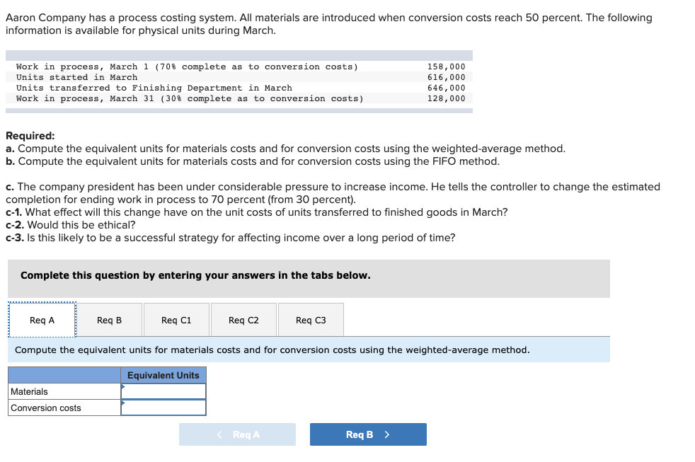 Aaron Company has a process costing system. All