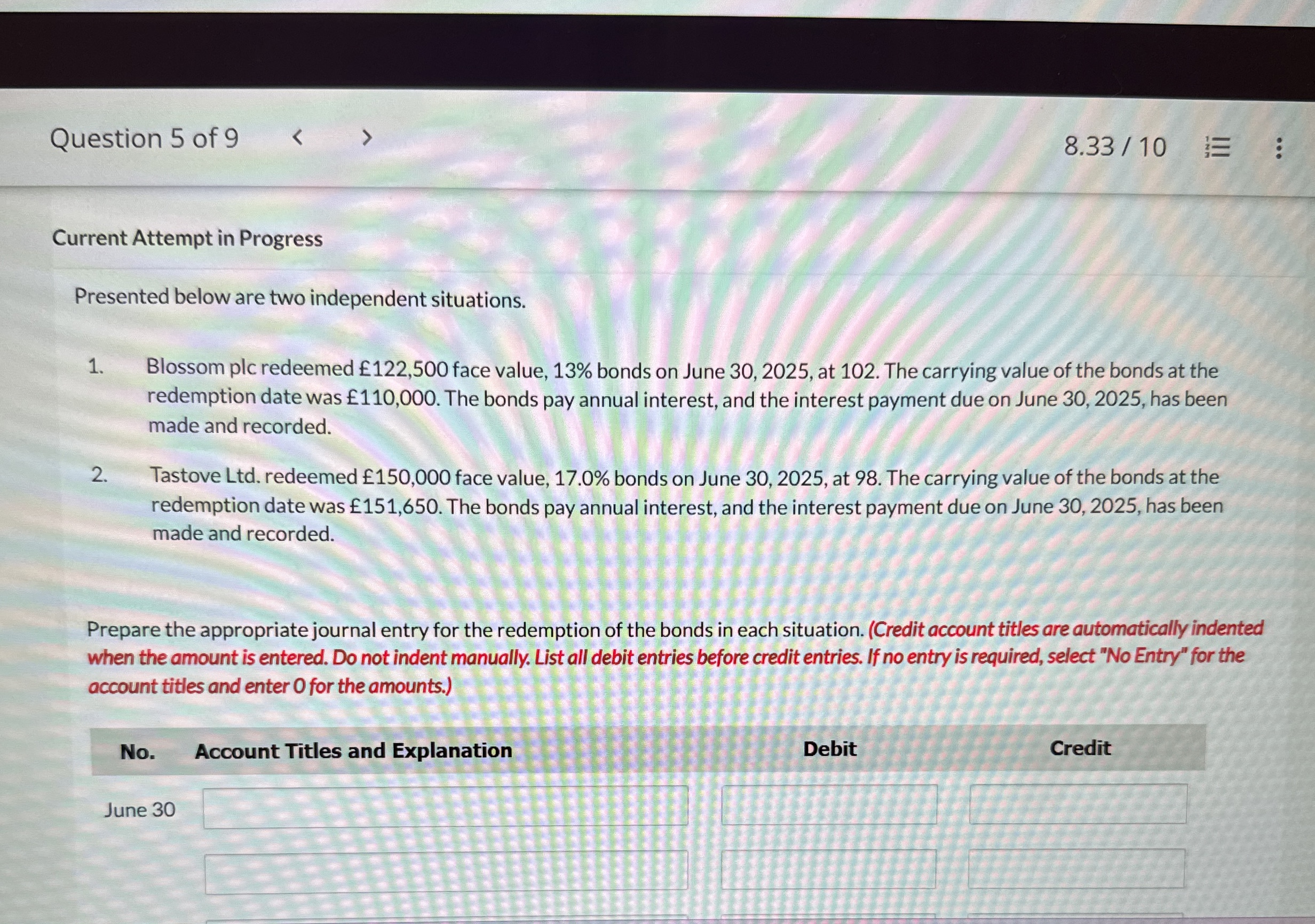 Question 5 of 9 8 . 3 3 1 0 Current Attempt in