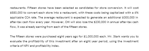 restaurants. Fifteen stores have been selected as
