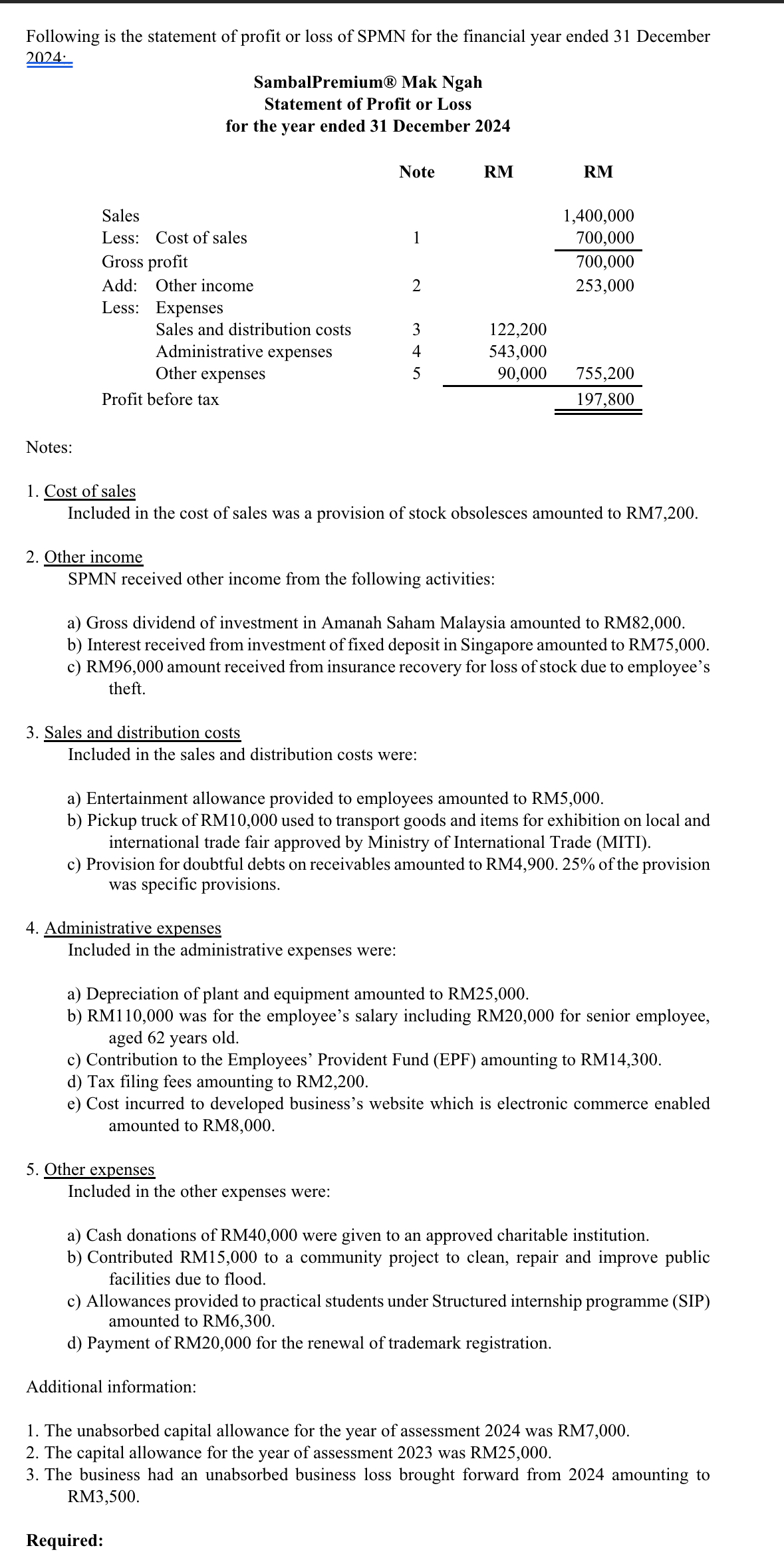 Following is the statement of profit or loss of