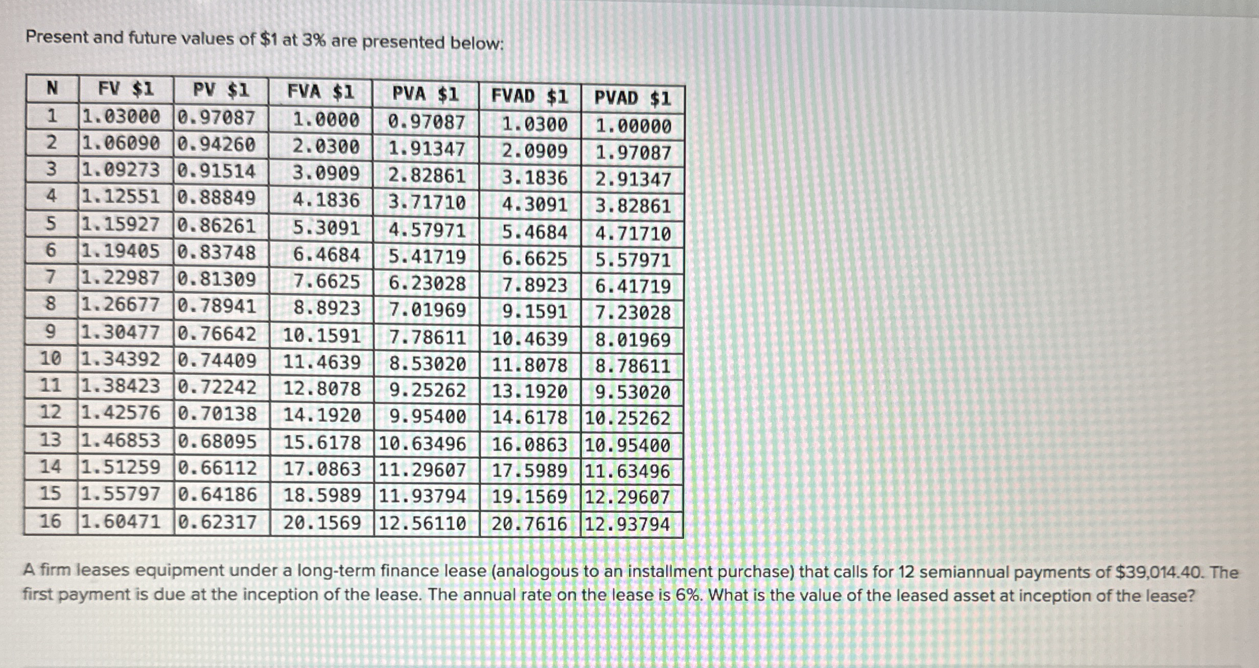Present and future values of $ 1 at 3 % are