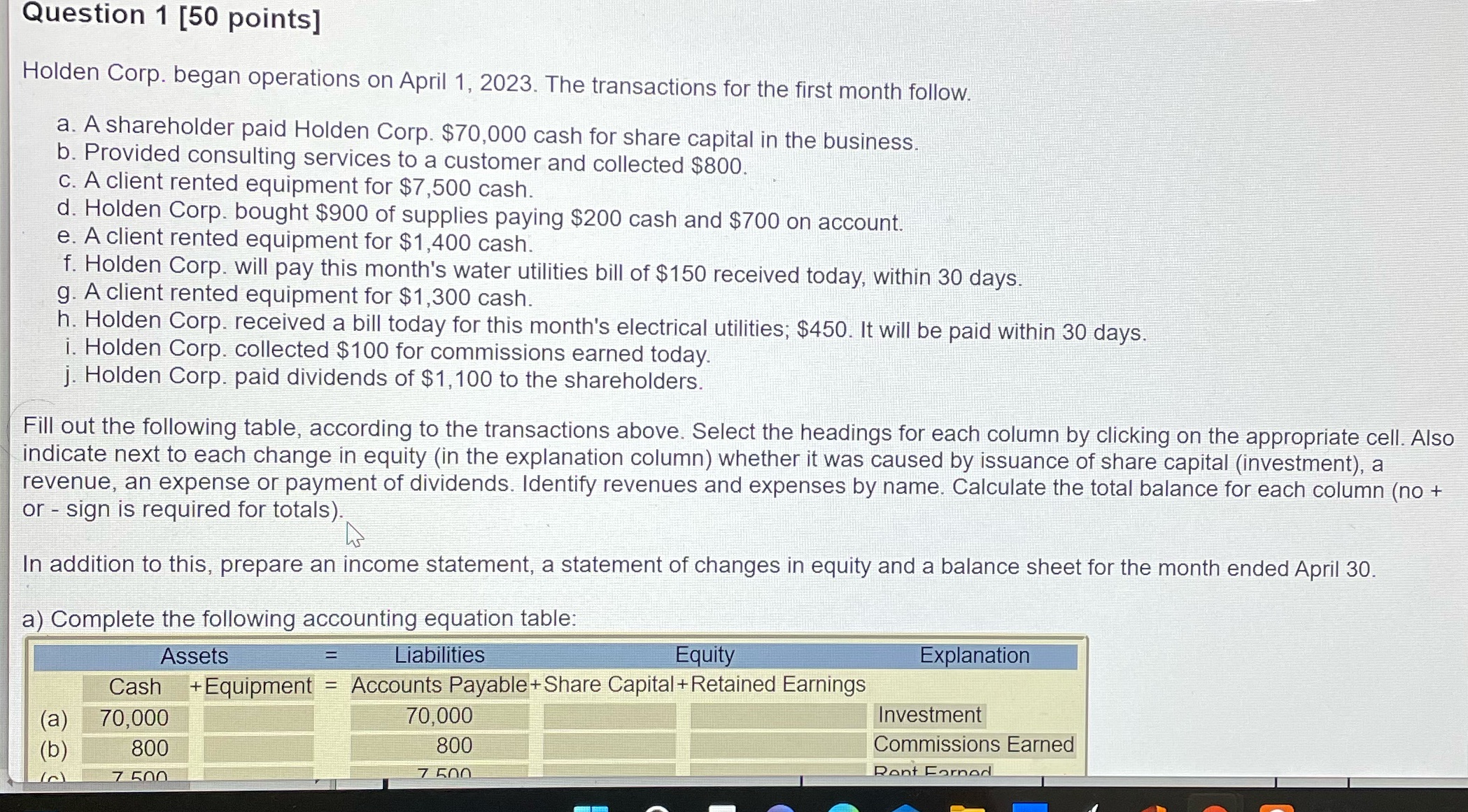 Template table below Question 1 [50 points]
