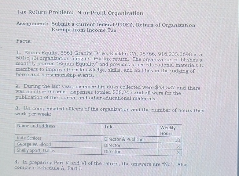 Tax Return Problem: Non Profit Organization
