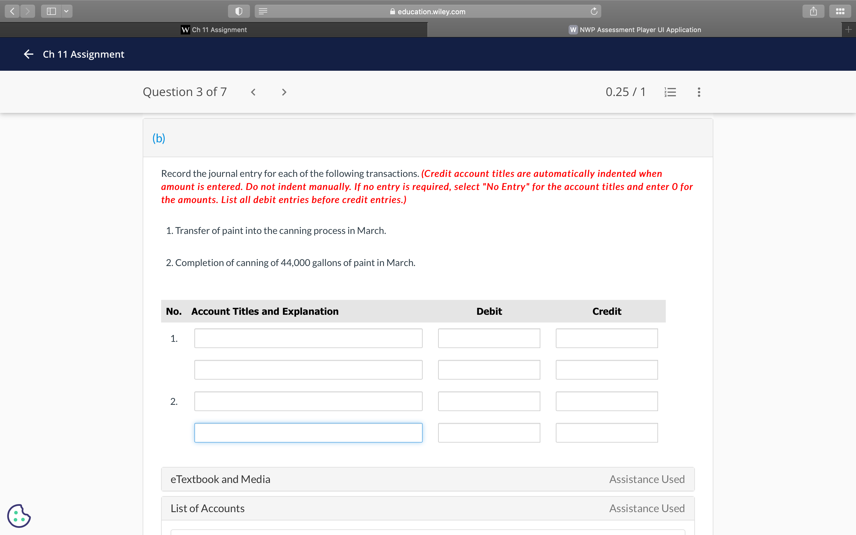 < > I Y education.wiley.com C W Ch 11 Assignment