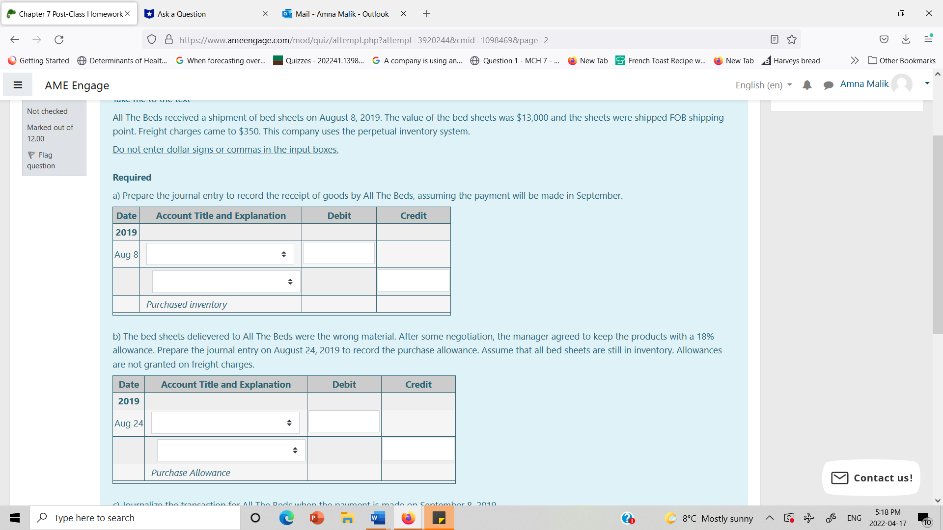 Chapter 7 Post-Class Homework X Ask a Question X