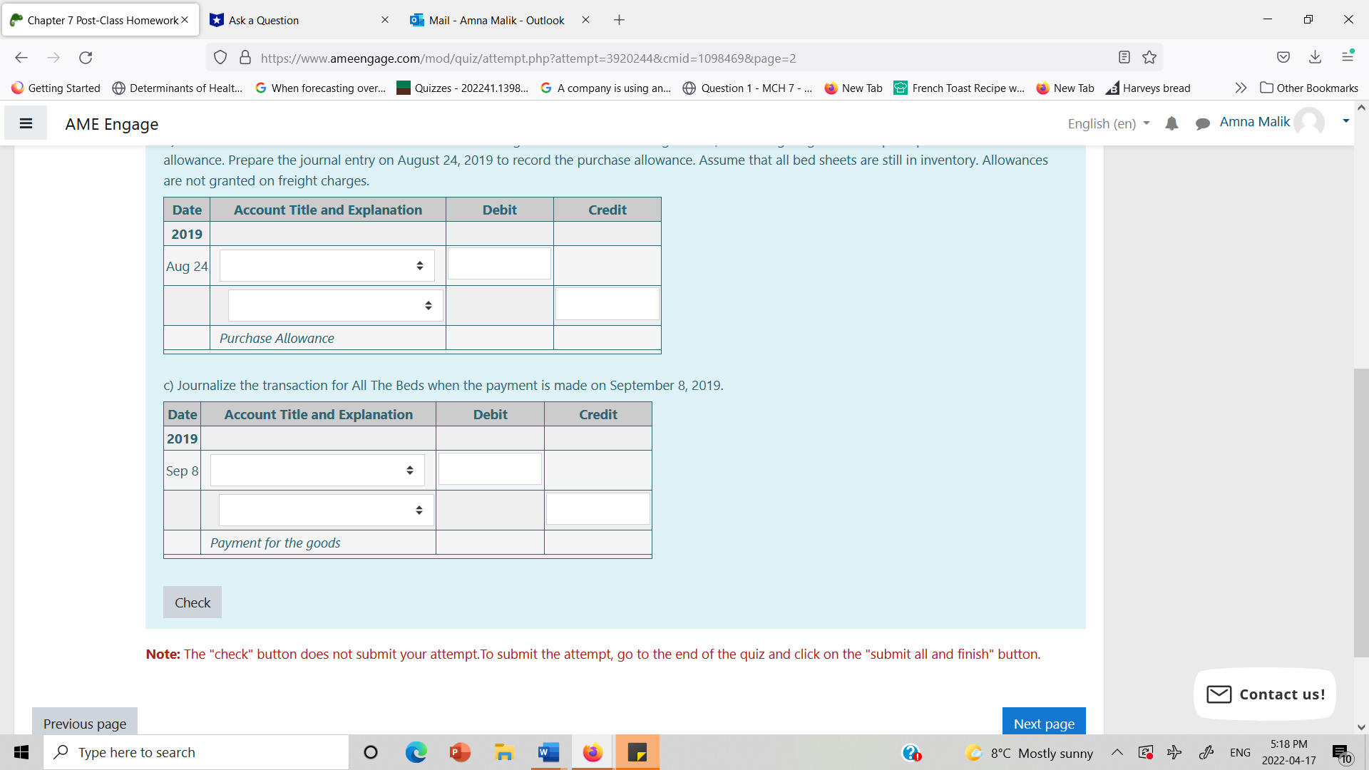 Chapter 7 Post-Class Homework X Ask a Question X