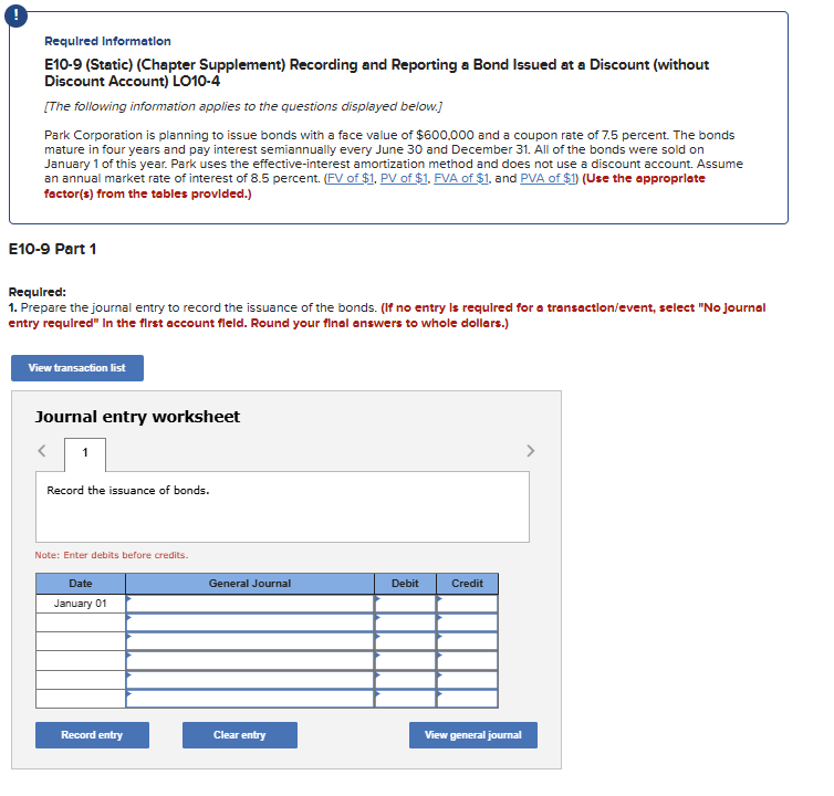 Required Information E10-9 (Static) (Chapter